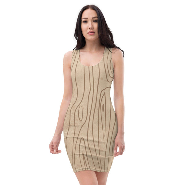 Womens Stretch Fit Bodycon Dress - Beige Brown Tree Sketch Lines-0