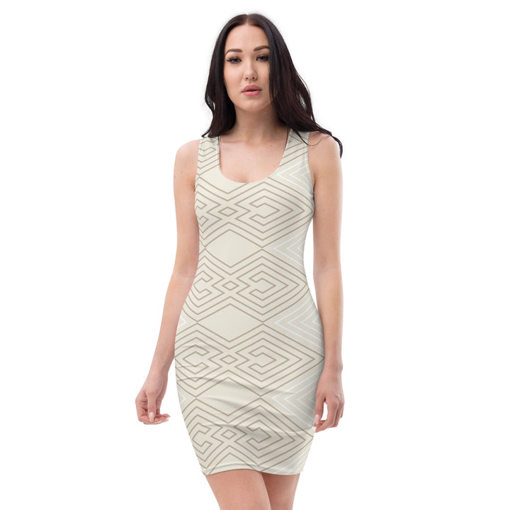 Womens Stretch Fit Bodycon Dress - Beige Brown Aztec Geometric Lines-0