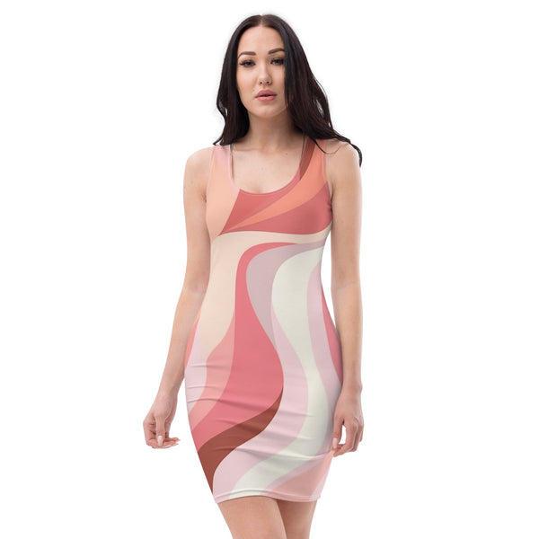 Womens Stretch Fit Bodycon Dress - Pink White Boho Swirl Lines-0