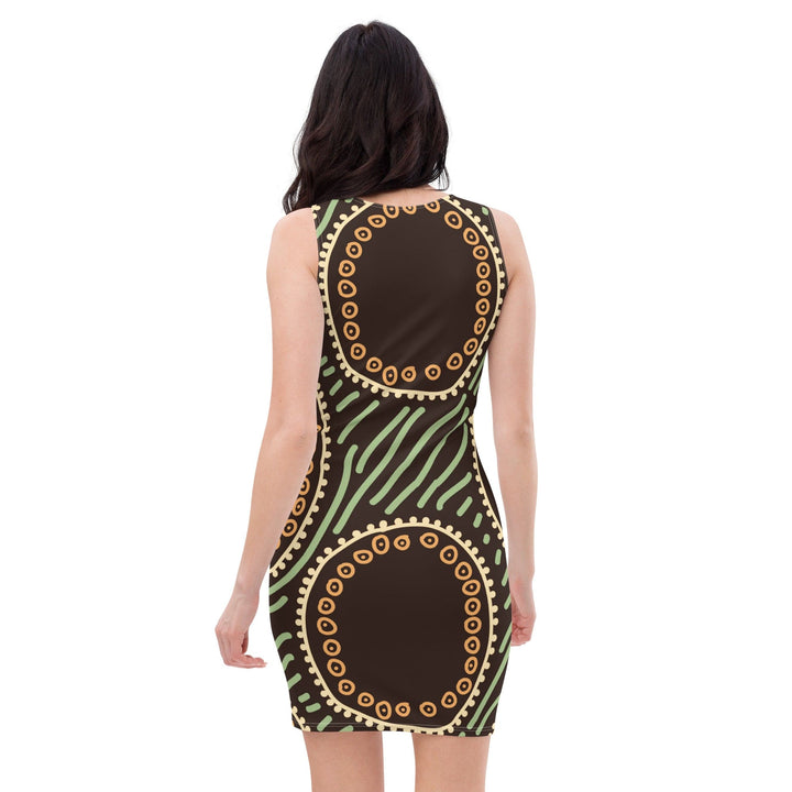 Womens Stretch Fit Bodycon Dress - Brown Green Geometric Lines-1