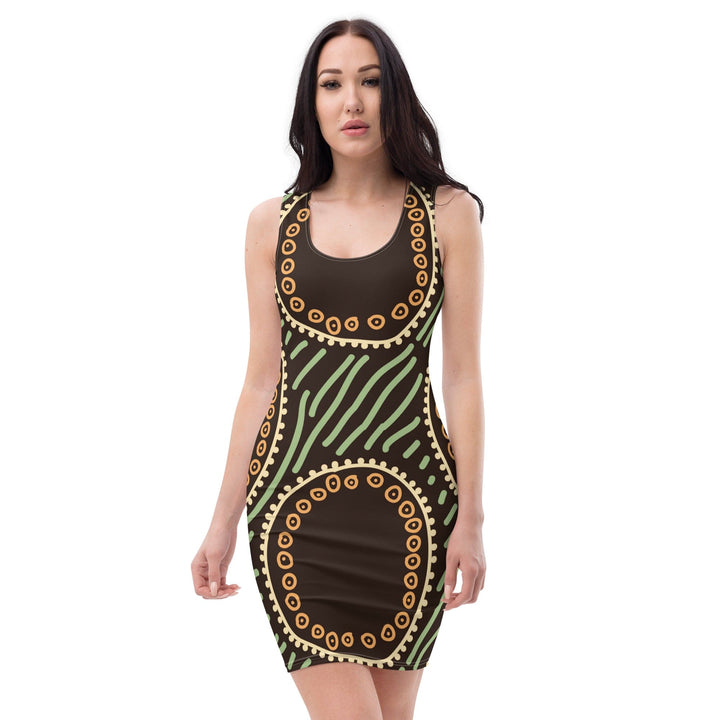 Womens Stretch Fit Bodycon Dress - Brown Green Geometric Lines-0