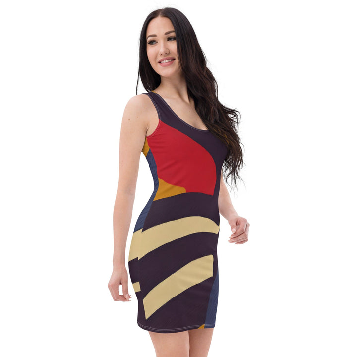 Womens Stretch Fit Bodycon Dress - Brown Red Blue Colorblock Lines-3