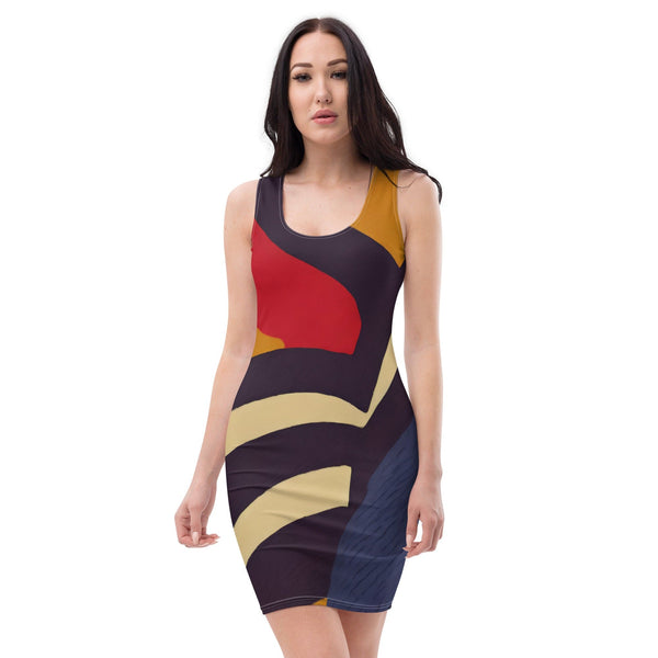 Womens Stretch Fit Bodycon Dress - Brown Red Blue Colorblock Lines-0
