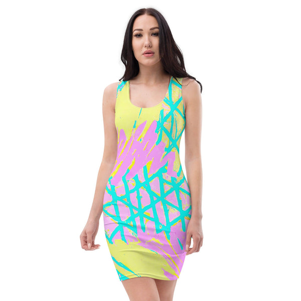 Womens Stretch Fit Bodycon Dress - Cyan Blue Lime Green and Pink-0