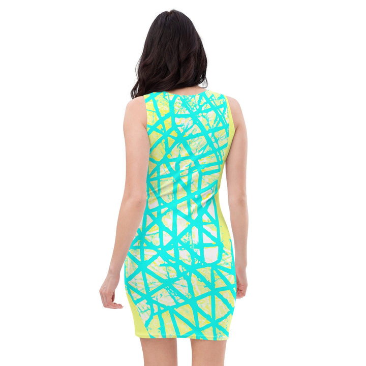 Womens Stretch Fit Bodycon Dress - Cyan Blue Lime Green and White-3