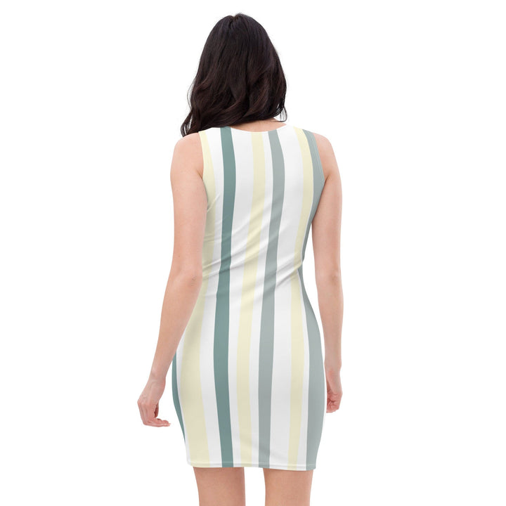 Womens Stretch Fit Bodycon Dress - Green Yellow Geometric Lines-1