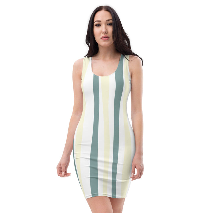 Womens Stretch Fit Bodycon Dress - Green Yellow Geometric Lines-0
