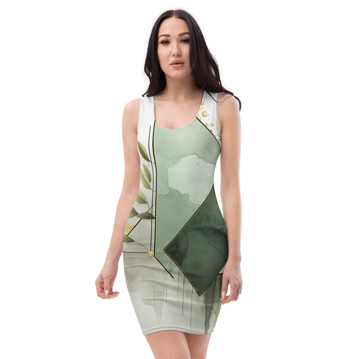 Womens Stretch Fit Bodycon Dress - Olive Green Mint Leaf Geometric-0