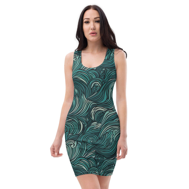 Womens Stretch Fit Bodycon Dress - Mint Green Water Wave Print-0