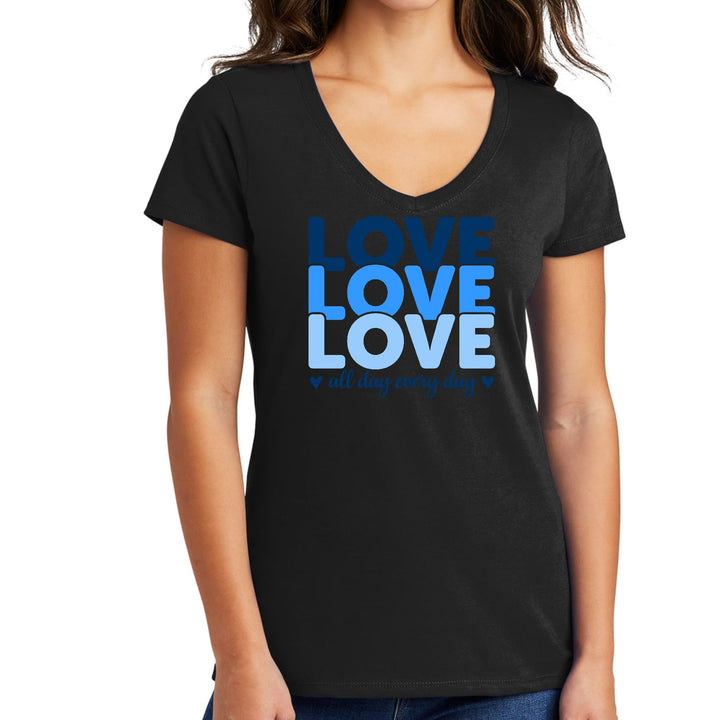 Womens V-neck Graphic T-shirt - Love All Day Every Day Blue Print-0