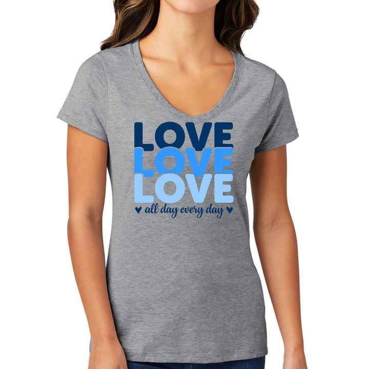 Womens V-neck Graphic T-shirt - Love All Day Every Day Blue Print-1